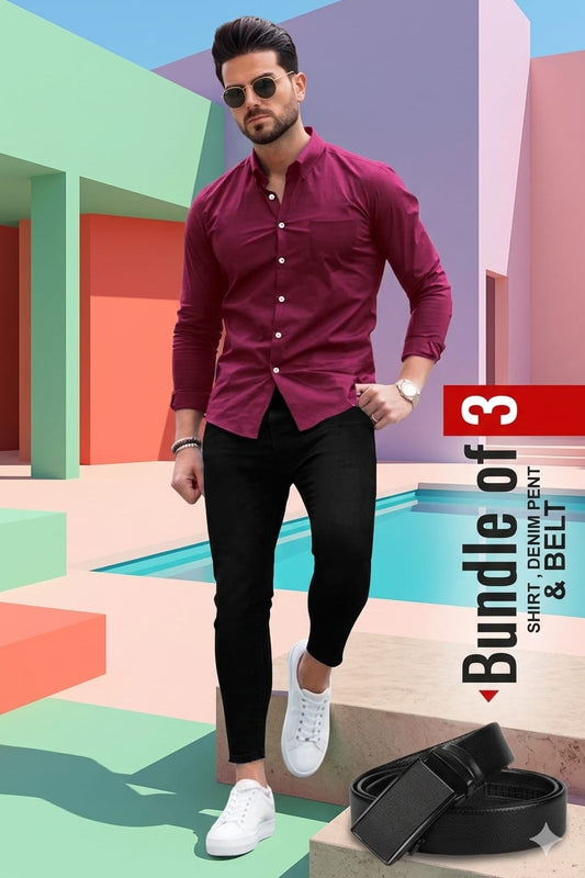 Men’s 3-Piece Combo – Cotton Shirt, Denim Jeans & Premium Belt | Stylish Casual Set